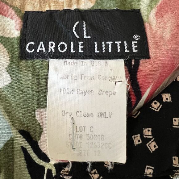 VTG Carol Little Button Down Top Womens 12 Black Pink Floral Beaded Notch Collar - Picture 2 of 10